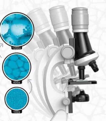 Close-up of a microscope showing different magnification levels (100x, 400x, 1200x) for educational science experiments and detailed biological observations.