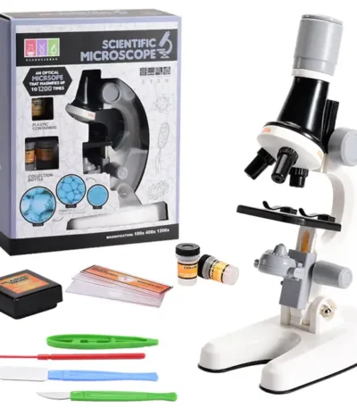 Children's microscope science kit with accessories, perfect for educational and science projects, includes slides, tools, and a detailed instruction manual.