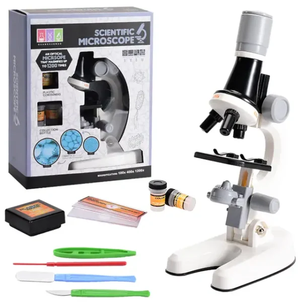 Children's microscope science kit with accessories, perfect for educational and science projects, includes slides, tools, and a detailed instruction manual.