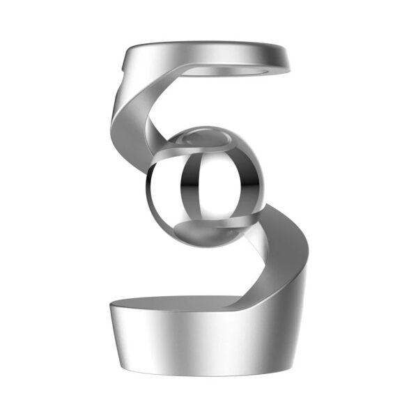 Modern metallic spiral sculpture with a spherical element in the center, representing scientific innovation and design.