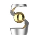 Modern metallic sculpture of an atomic model with a gold nucleus and silver orbitals, showcasing contemporary scientific art.