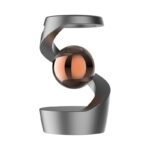 Sleek modern science desk decor featuring a metallic spiral stand and a glass sphere with a copper-colored interior, perfect for science enthusiasts.