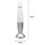 Modern lava lamp with a sleek silver base and clear glass body, measuring 36cm in height and 10cm in diameter, perfect for science decor and educational displays.
