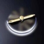 A gold-colored pen floating above a curved magnetic base, demonstrating magnetic levitation technology.