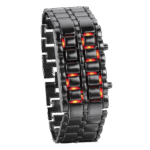 Modern black metal watch with glowing red LED lights on the band, showcasing a futuristic and stylish design.