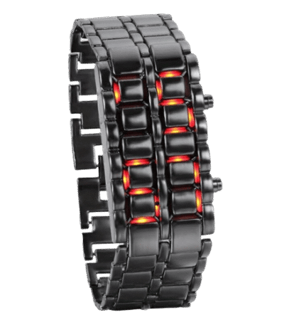Modern black metal watch with glowing red LED lights on the band, showcasing a futuristic and stylish design.