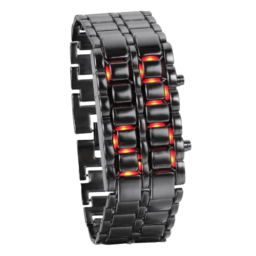 Modern black metal watch with glowing red LED lights on the band, showcasing a futuristic and stylish design.