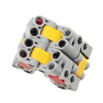Robotics building block toy with gray, yellow, and red components.