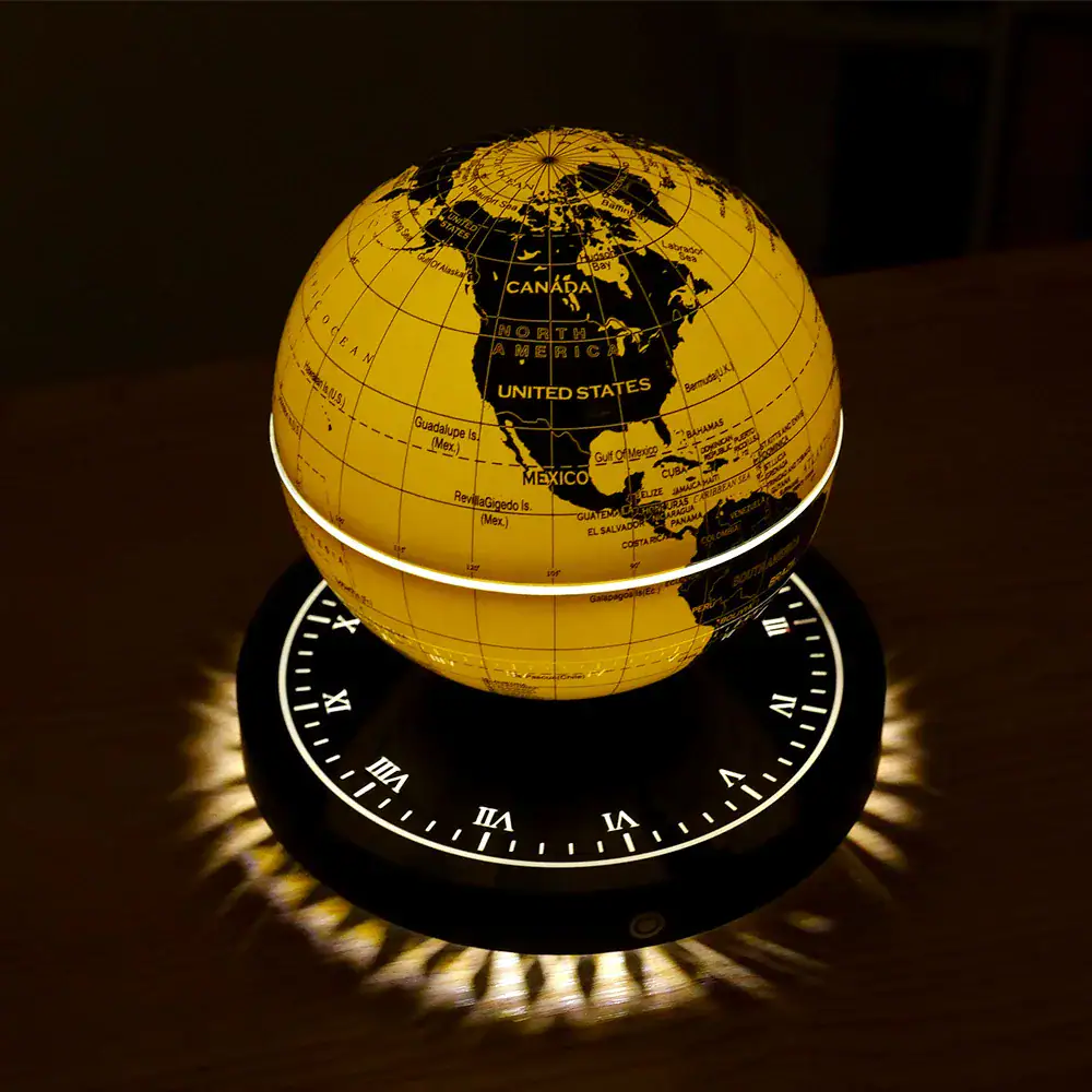 Illuminated globe lamp showing North America with shadow cast on surface.