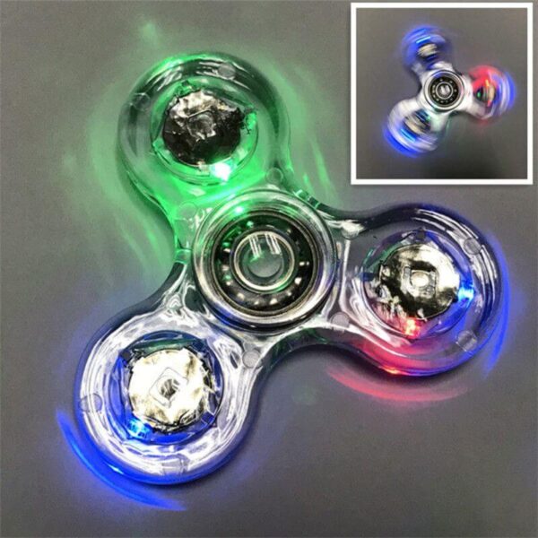 Colorful LED light-up fidget spinner with metallic balls, designed for stress relief and entertainment, glowing in green, blue, and red.