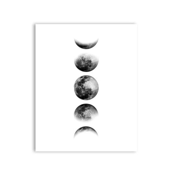 Artistic depiction of the moon's phases showing the waxing and waning cycle in black and white.