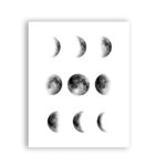 Detailed illustration of the moon's phases showing new moon, waxing crescent, first quarter, waxing gibbous, full moon, waning gibbous, last quarter, and waning crescent.