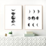 Set of two black and white moon phases posters, perfect for educational decor and science-themed rooms, showcasing different lunar phases in a minimalist style.