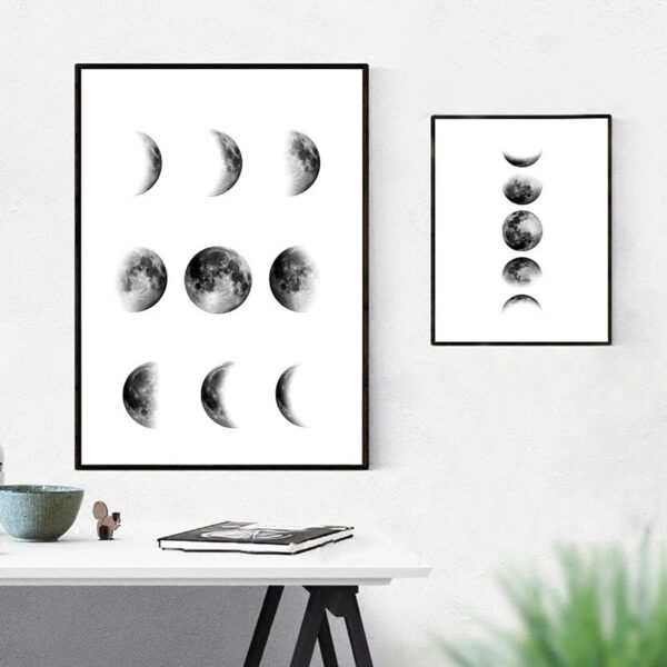 Set of two minimalist moon phase posters displaying different lunar cycle stages, perfect for science-themed decor or educational spaces.