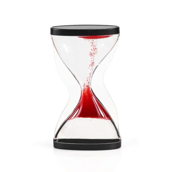 Clear hourglass timer with red sand flowing from top to bottom, ideal for science experiments and educational demonstrations.