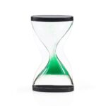 Clear sand timer with green sand inside, ideal for science experiments and educational demonstrations.