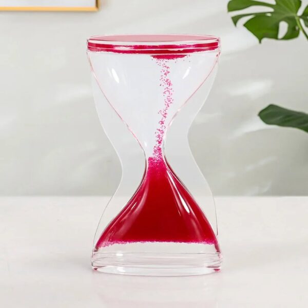 Clear hourglass timer with red sand flowing from top to bottom, ideal for science experiments and educational demonstrations.