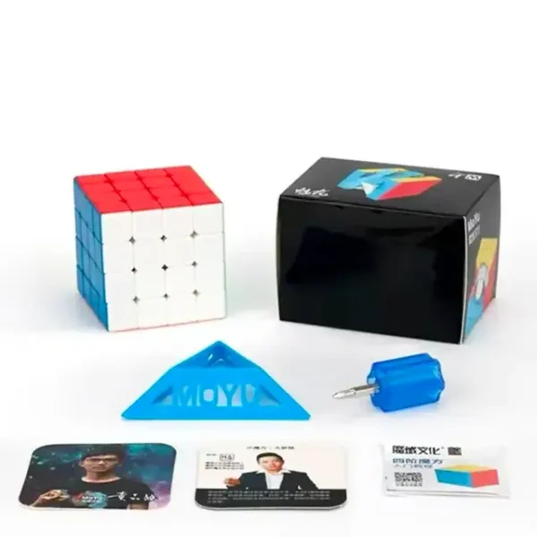 Colorful 3x3 Rubik's Cube puzzle with blue triangle tool, screwdriver, and cards, ideal for educational and recreational use.