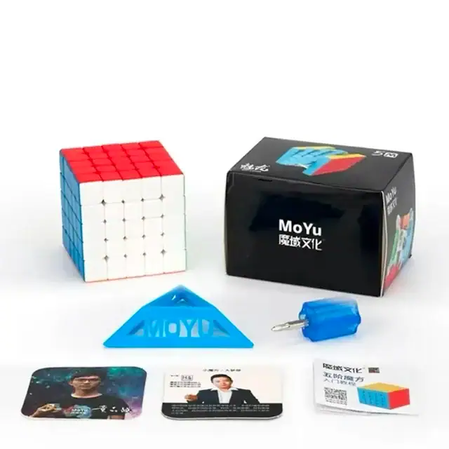 Speed Cube Puzzle Set Colorful 3x3 speed cube with accessories including a blue triangle tool, keychain, and instruction cards, displayed with packaging box.