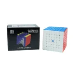 A magnetic 7x7 cube puzzle with a black box packaging, featuring a multicolored cube with blue, white, and red sides, designed for educational and recreational use.