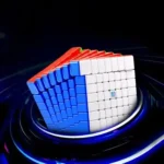 LED-lit Rubik's Cube puzzle in blue, white, and red colors.