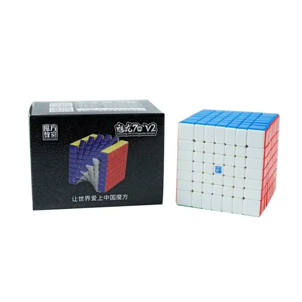 A magnetic 7x7 cube puzzle with a black box packaging, featuring a multicolored cube with blue, white, and red sides, designed for educational and recreational use.