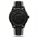 Modern black wristwatch with Roman numeral dial and silicone strap, stylish and functional accessory for everyday wear.