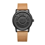 Stylish black watch with Roman numerals and a tan leather strap, perfect for fashion and educational display.