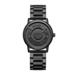 Stylish black wristwatch featuring Roman numerals on the dial and a sleek metal band, perfect for fashion and everyday wear.