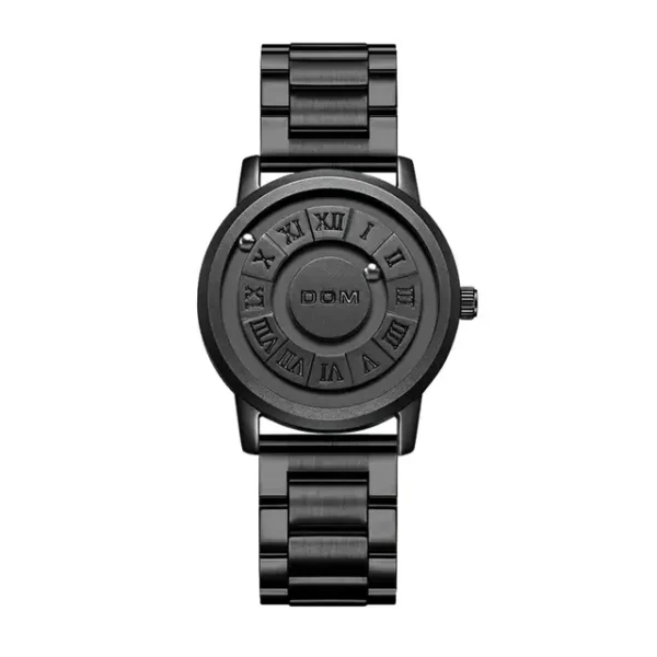 Stylish black wristwatch featuring Roman numerals on the dial and a sleek metal band, perfect for fashion and everyday wear.