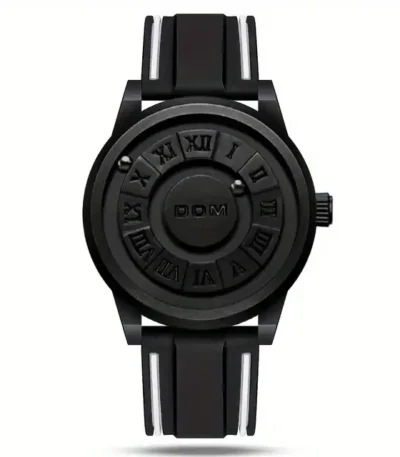 Modern black wristwatch with Roman numeral dial and silicone strap, stylish and functional accessory for everyday wear.