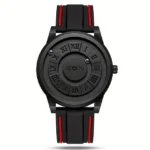 Modern black watch with red accents featuring a unique circular dial with Roman numerals and a minimalist design. Perfect for science-inspired decor and educational gadgets.