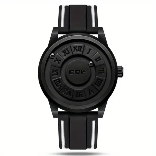 Modern black wristwatch with Roman numeral dial and silicone strap, stylish and functional accessory for everyday wear.