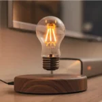 LED filament light bulb with a wooden base, modern and stylish decor piece for science-themed rooms or educational spaces.