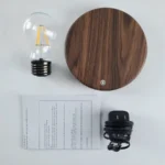 Smart LED light bulb with a wooden base for modern home decor.