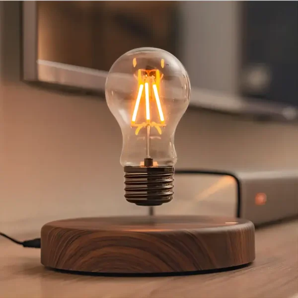 LED filament light bulb with a wooden base, modern and stylish decor piece for science-themed rooms or educational spaces.
