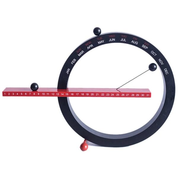A circular educational calendar with a movable red slider and black markers for months, days, and time measurement, designed for teaching time and date concepts.