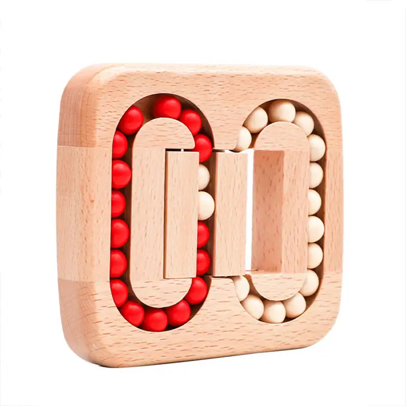 Wooden educational toy with red and white beads for learning alphabet and motor skills. Colorful wooden bead maze for kids, ideal for educational play and developing fine motor skills.