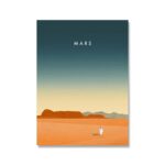 Artistic illustration of the Martian surface with a small astronaut figure, showcasing Mars' reddish terrain and distant mountains under a gradient sky.