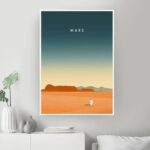 A minimalist Mars landscape poster featuring a lone astronaut on the red planet's surface with distant mountains and a gradient sky, perfect for science and space-themed decor.