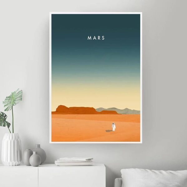 A minimalist Mars landscape poster featuring a lone astronaut on the red planet's surface with distant mountains and a gradient sky, perfect for science and space-themed decor.