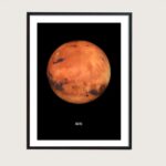 Framed poster of Mars planet showcasing its reddish surface and craters, ideal for science enthusiasts and educational decor.