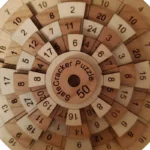 A close-up of a wooden math cracker puzzle with numbered segments, designed for educational purposes and brain training.