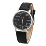 Stylish wristwatch featuring a black dial with mathematical equations and formulas, paired with a black leather strap, perfect for science enthusiasts and math lovers.