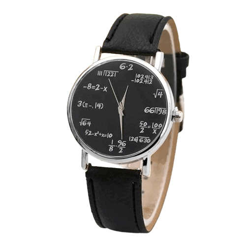Stylish wristwatch featuring a black dial with mathematical equations and formulas, paired with a black leather strap, perfect for science enthusiasts and math lovers.