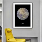 Framed poster of Mercury's surface with detailed craters and textures, displayed on a modern wall.