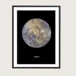 Detailed poster of Mercury's surface showing craters and terrain, perfect for science decor and educational purposes.