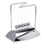 Classic silver Newton's Cradle desktop toy demonstrating conservation of momentum and energy with five swinging metal balls.
