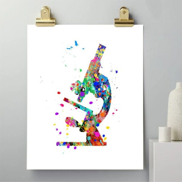 Vibrant watercolor-style illustration of a microscope, perfect for science decor and educational spaces. Bright, artistic depiction of a scientific instrument for classroom or lab decoration.