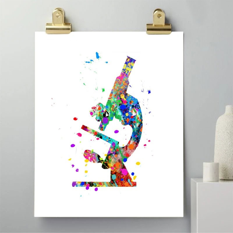 Vibrant watercolor-style illustration of a microscope, perfect for science decor and educational spaces. Bright, artistic depiction of a scientific instrument for classroom or lab decoration.